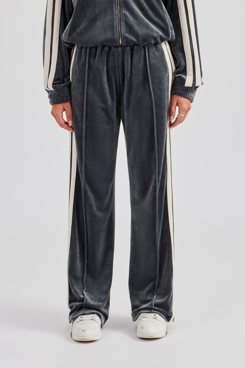 Taping Wide Leg Velour Track Pant - Grey