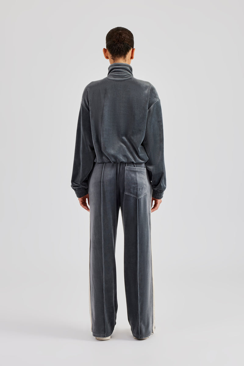 Funnel Neck Taping Zip Through Velour Tracksuit - Grey