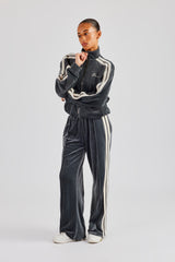 Funnel Neck Taping Zip Through Velour Tracksuit - Grey