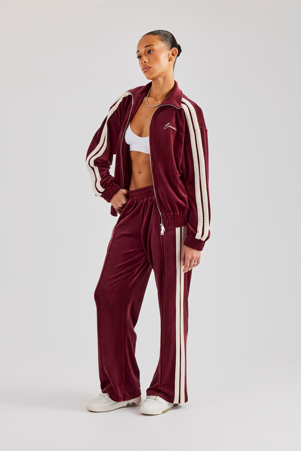 Funnel Neck Taping Zip Through Velour Tracksuit - Burgundy