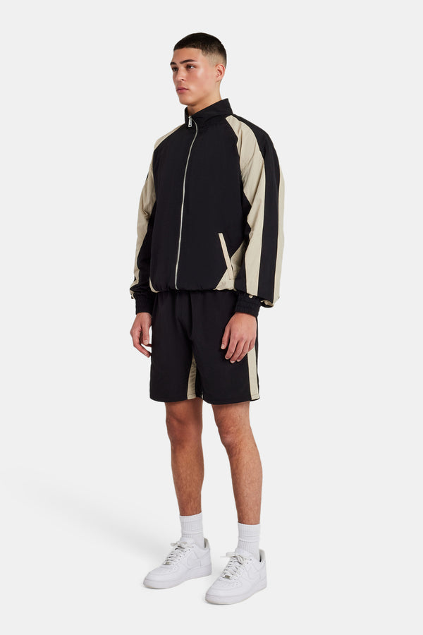 Nylon Panelled Track Jacket & Short Set - Black