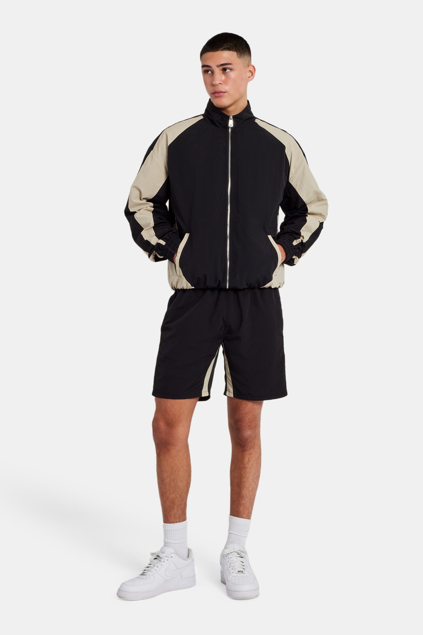 Nylon Panelled Track Jacket & Short Set - Black | Mens Sets | Shop ...