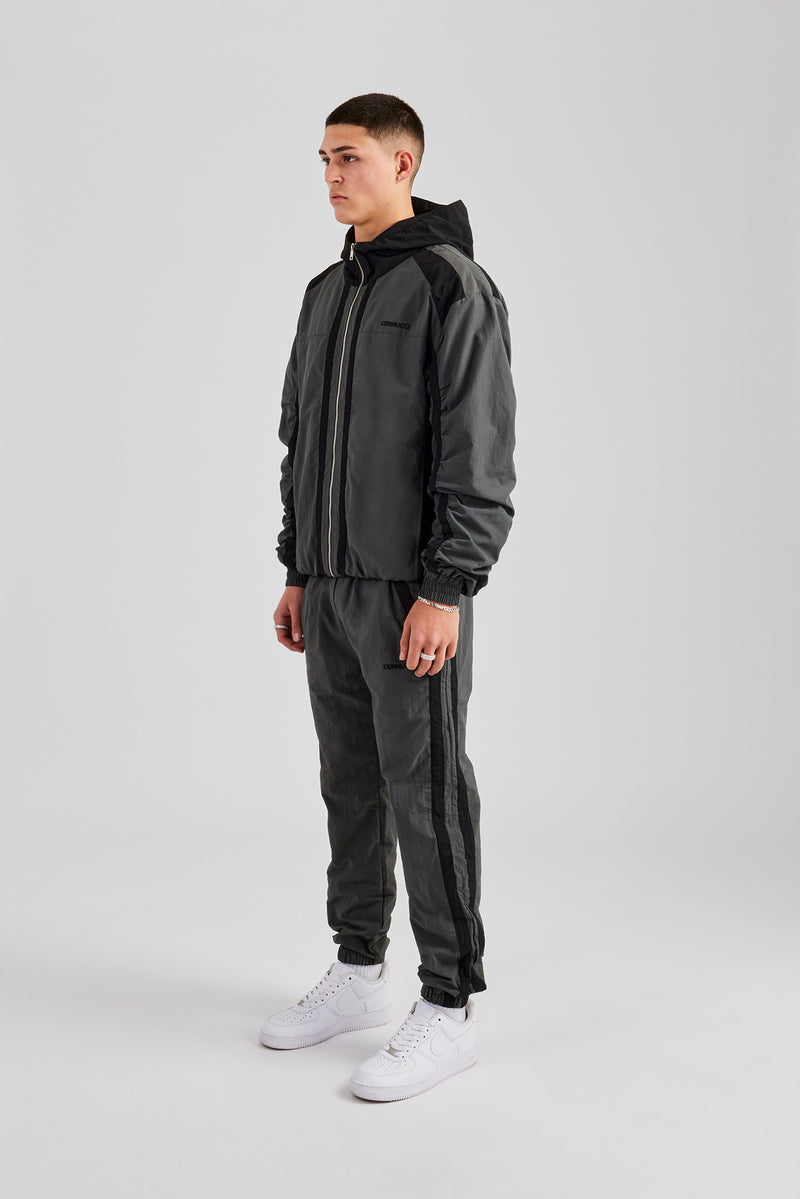 Nylon Colour Block Zip Through Tracksuit - Charcoal