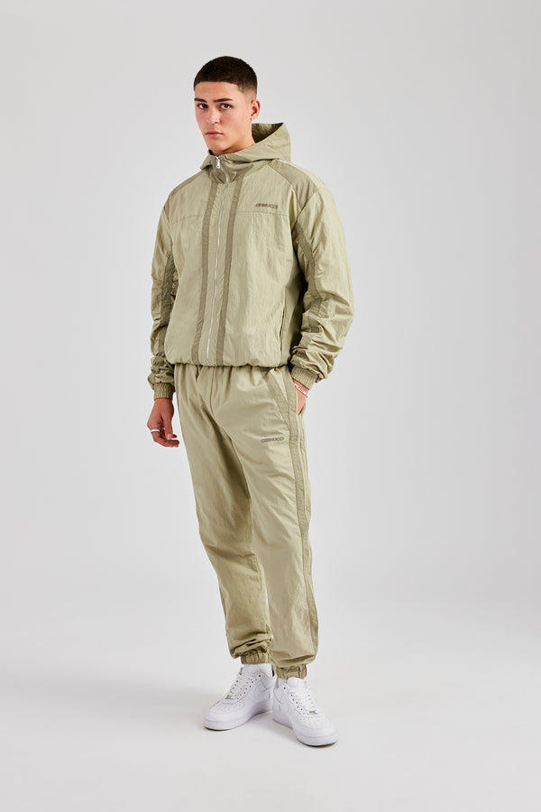 Nylon Colour Block Zip Through Tracksuit - Light Khaki