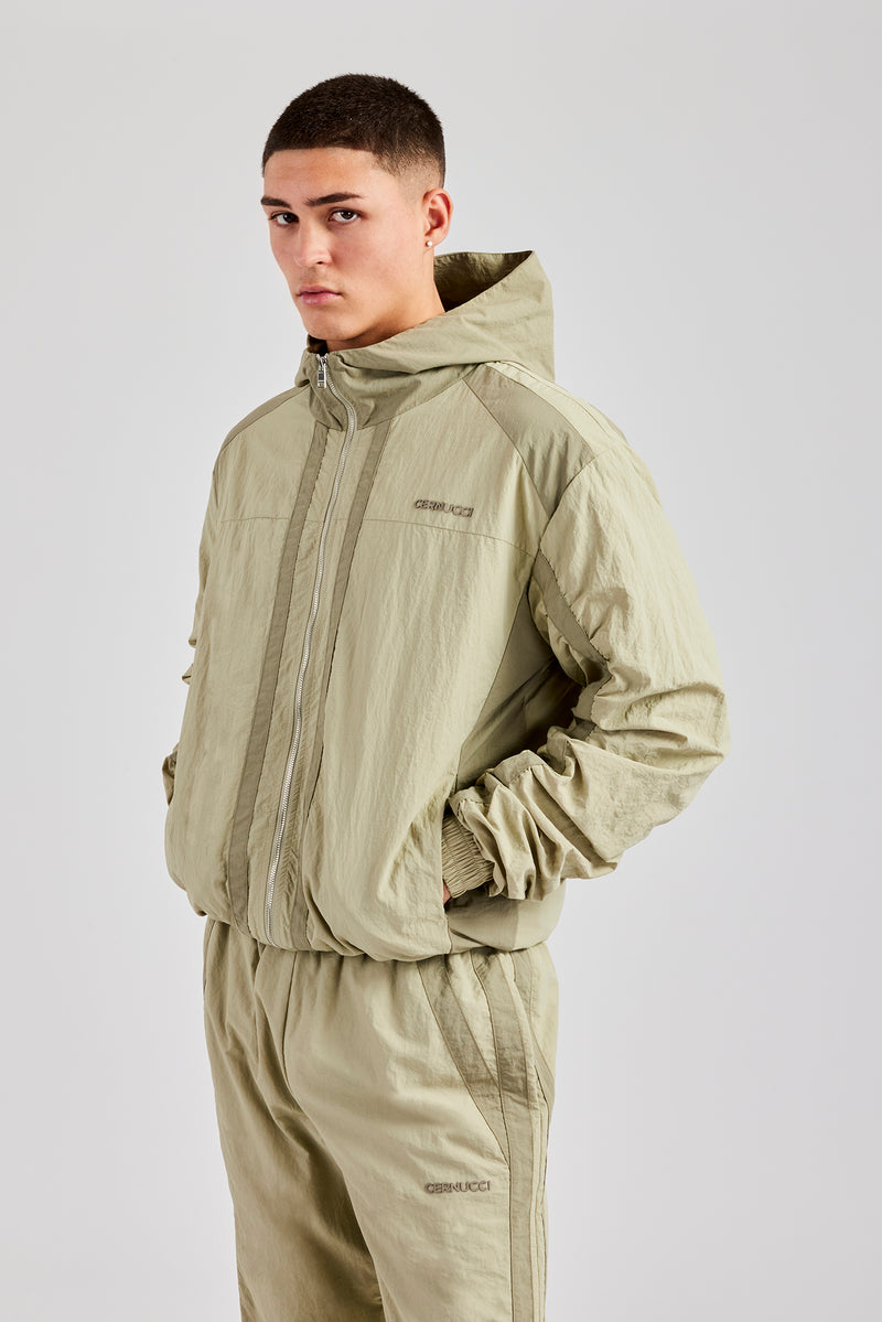 Nylon Colour Block Zip Through Tracksuit - Light Khaki