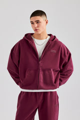 Washed Zip Through Hoodie - Burgundy