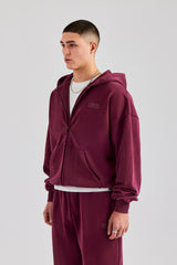 Washed Zip Through Hoodie - Burgundy