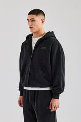 Washed Zip Through Hoodie - Black