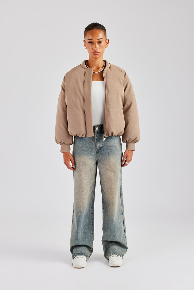 Cernucci Cropped PU Puffer Bomber Jacket - Taupe