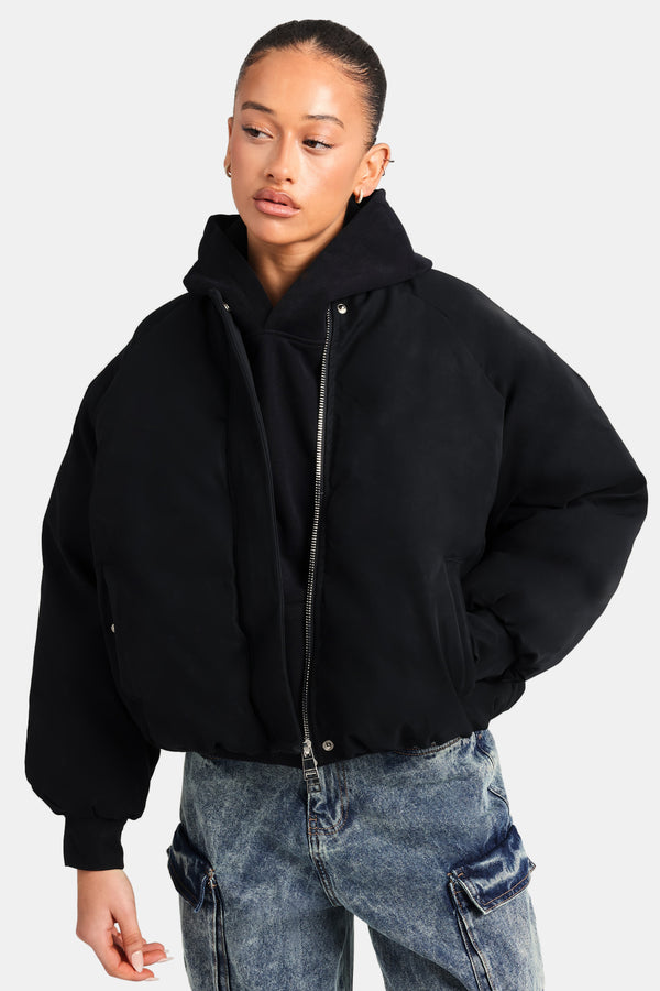 Cernucci Cropped PU Puffer Bomber Jacket - Black