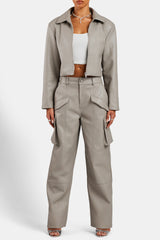 PU Cropped Jacket With Shoulder Pads - Beige