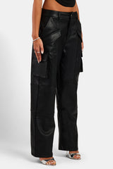 Wide Leg Faux Leather Cargo Trouser - Black