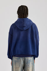 Washed Embroidered Boxy Hoodie - Navy Blue