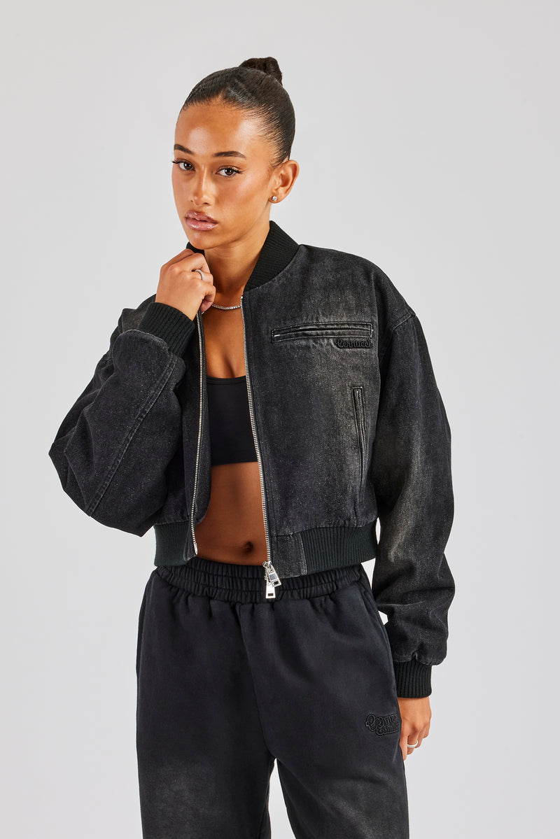 Washed Denim Bomber Jacket - Black