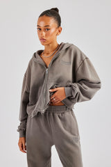 Washed Boxy Fit Zip Through Hoodie - Grey