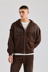 Washed Applique Zip Through Hoodie - Chocolate