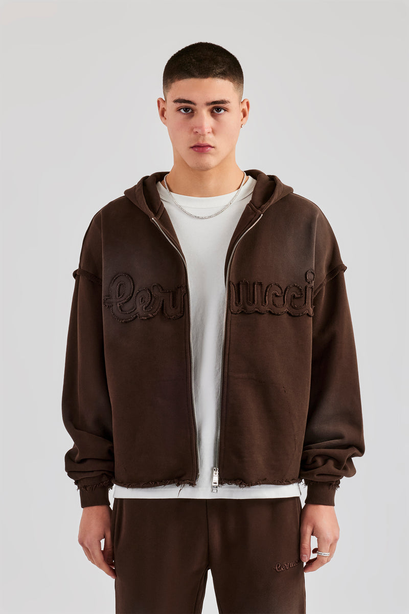 Washed Applique Zip Through Hoodie - Chocolate