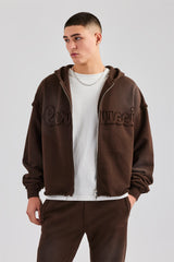 Washed Applique Zip Through Hoodie - Chocolate