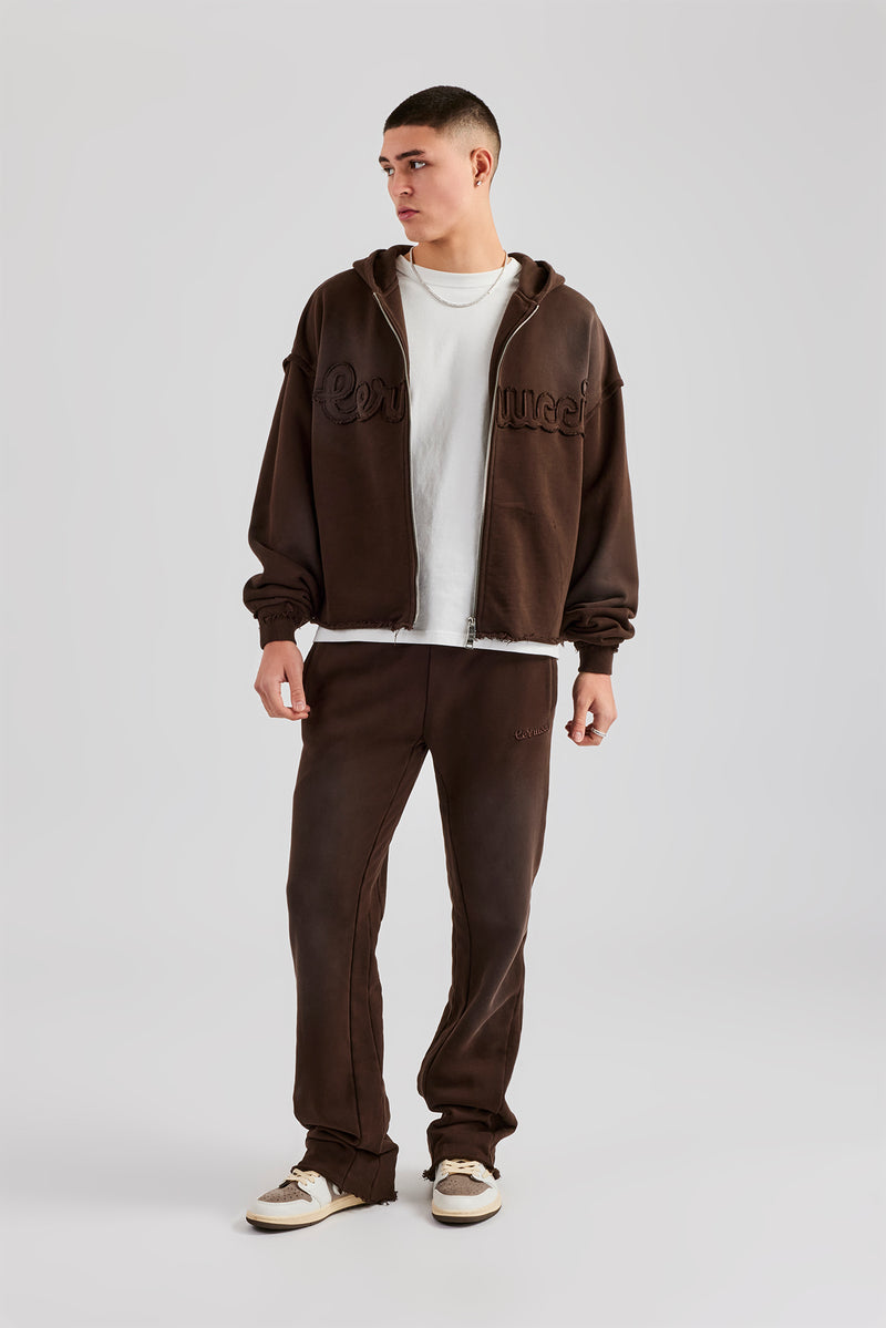 Washed Applique Zip Through Tracksuit - Chocolate