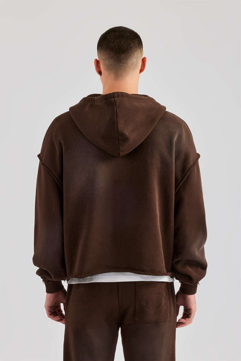 Washed Applique Zip Through Hoodie - Chocolate