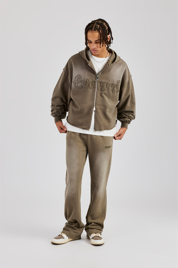 Washed Applique Zip Through Hoodie - Khaki