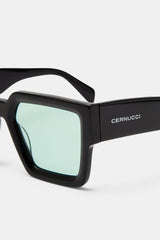 Oversized Thick Frame Green Acetate Sunglasses - Black