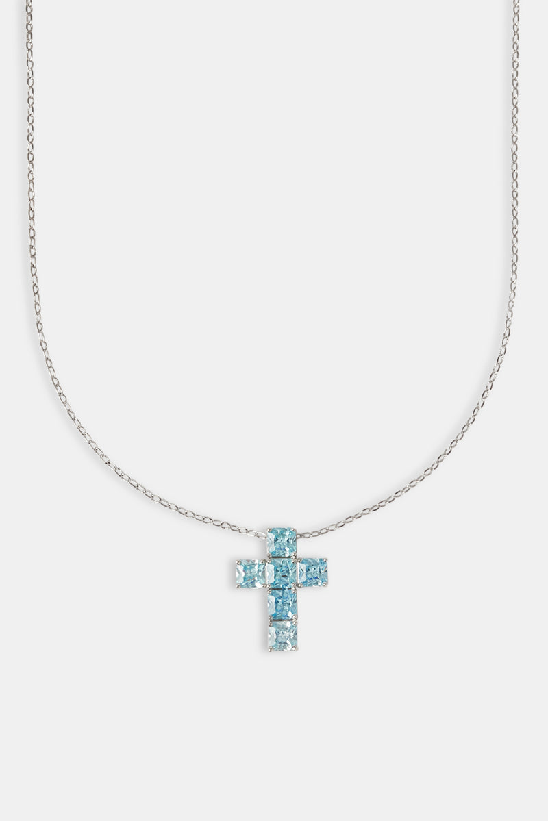 Iced Blue Square Stone Cross Necklace - 25mm