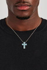 Iced Blue Square Stone Cross Necklace - 25mm