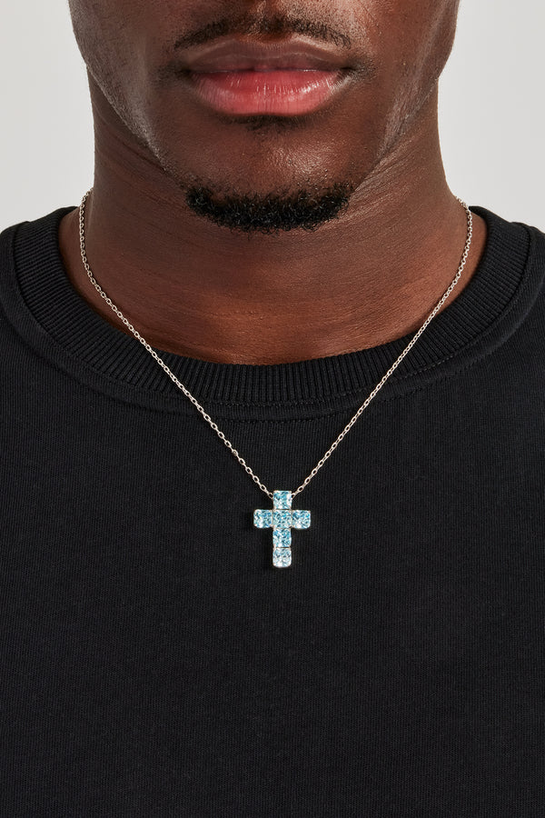 Iced Blue Square Stone Cross Necklace - 25mm