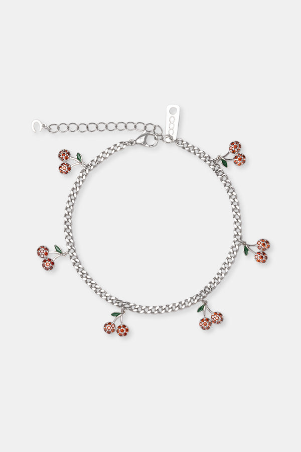 Iced Cherry Drop Cuban Anklet - 3mm - White