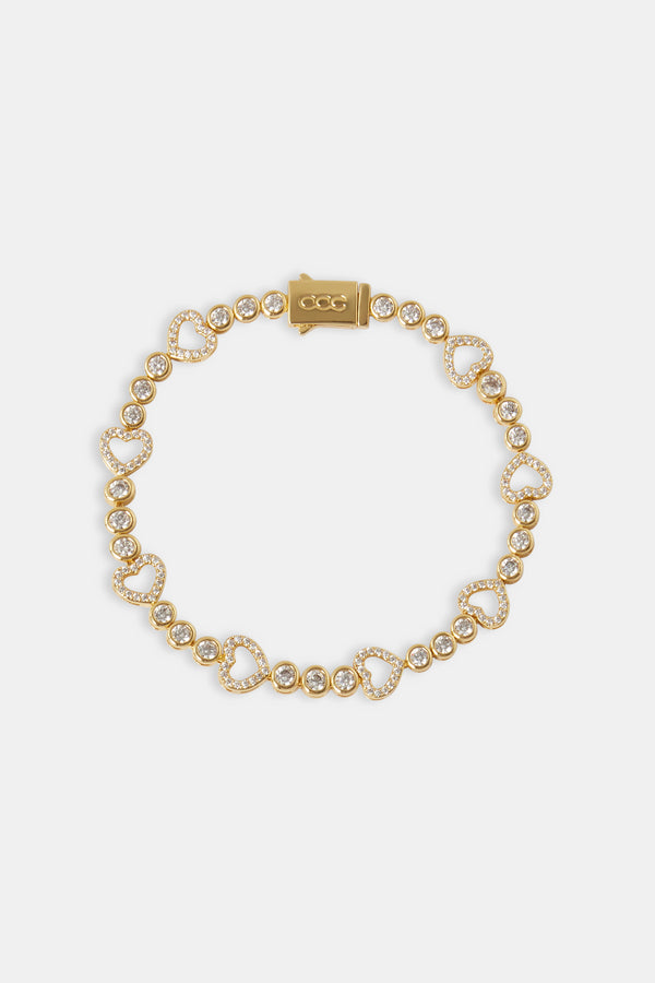 Iced Heart Outline Tennis Bracelet - 3mm - Gold