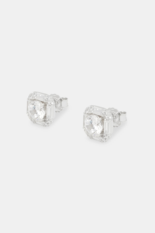 Sterling Silver Iced CZ Baguette Square Stud Earrings -  12mm