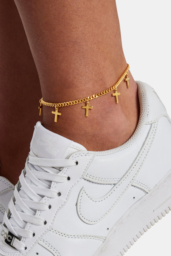 Polished Cuban Drop Cross Anklet - 3mm