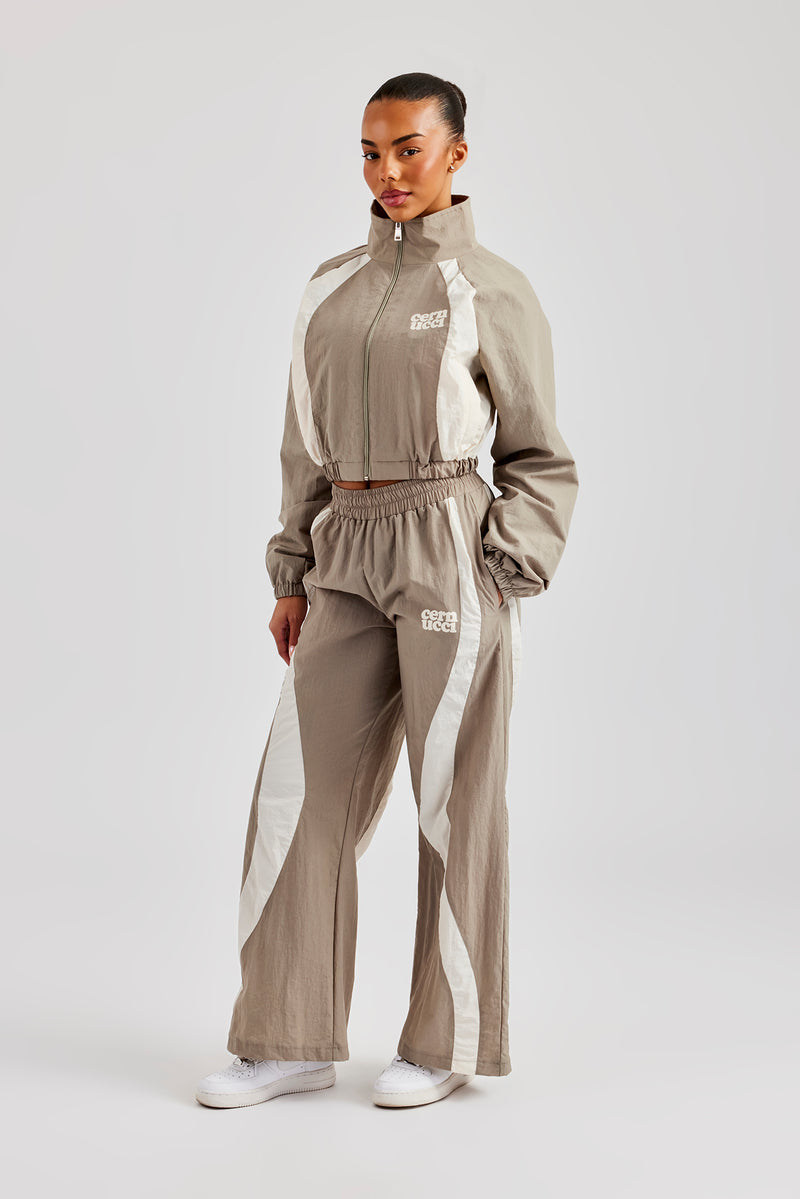 Contrast Panel Nylon  Wide Leg Trouser - Khaki