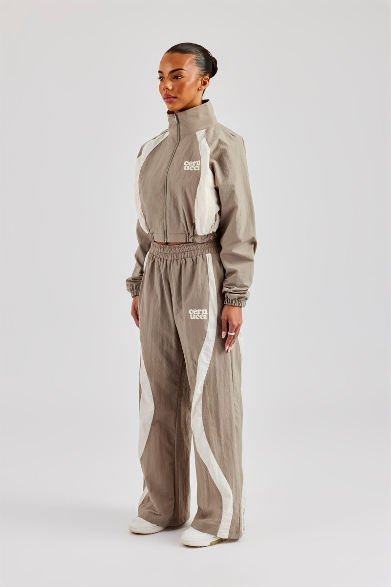 Contrast Panel Nylon Zip Through Tracksuit - Khaki