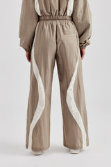 Contrast Panel Nylon  Wide Leg Trouser - Khaki