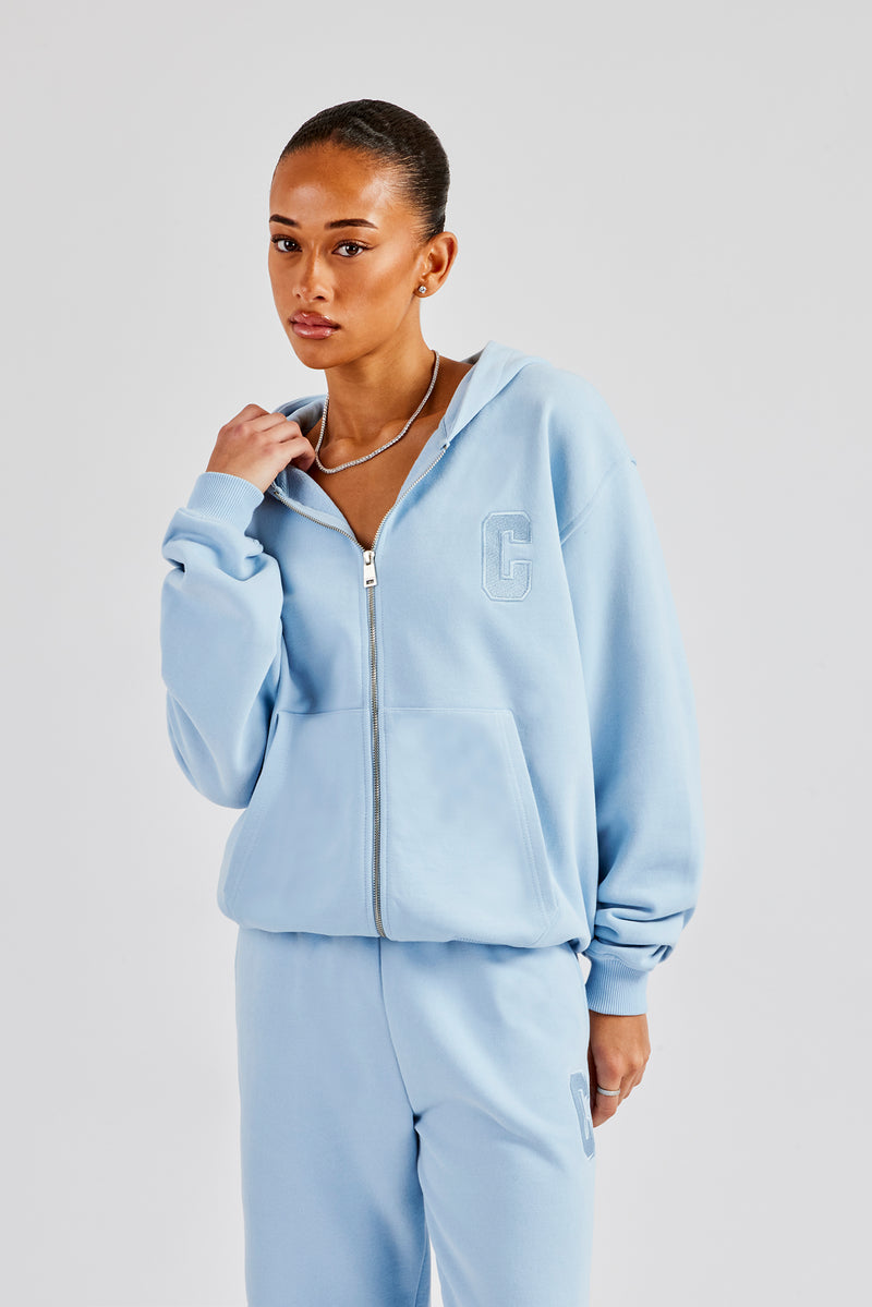 Embroidered C Zip Through Hoodie - Baby Blue