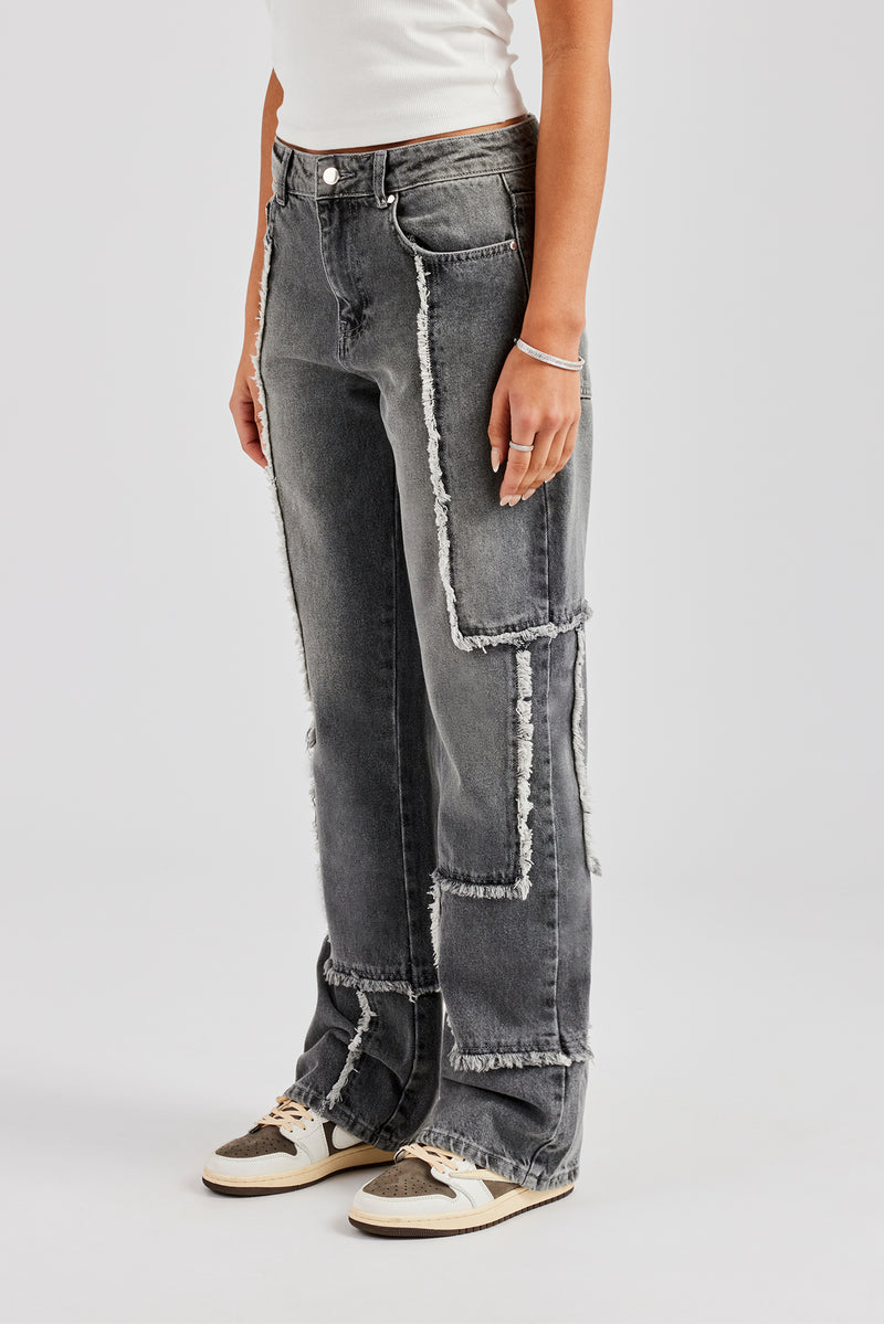 Relaxed Raw Edge Detail Jeans - Washed Grey