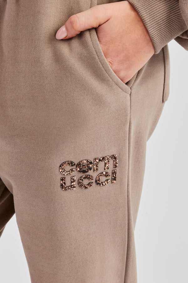 Glitter Applique Cuffed Jogger - Taupe