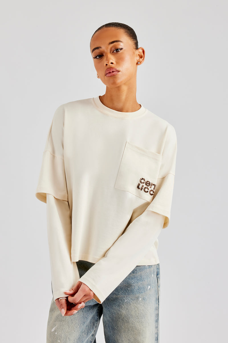 Layered Long Sleeve Glitter Applique T-Shirt - Off White