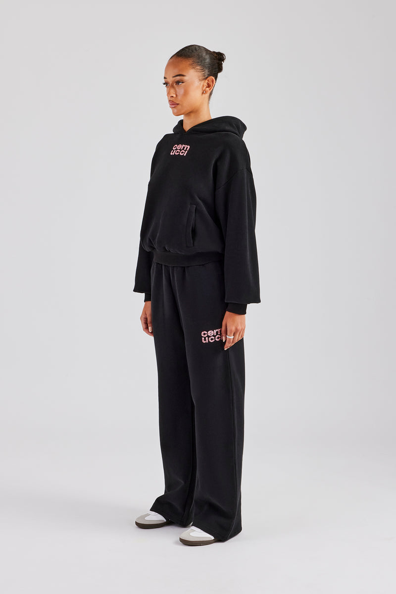 Glitter Applique Oversized Hoodie Tracksuit - Black