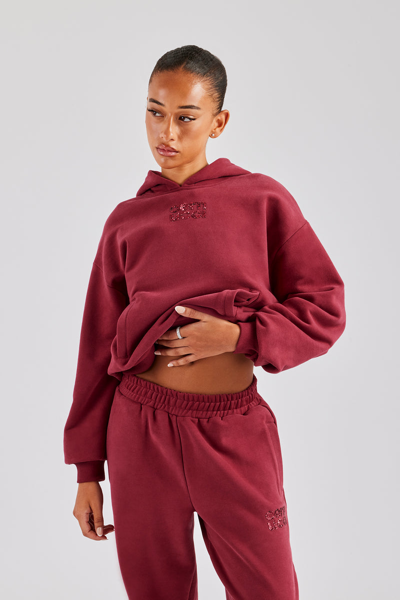 Glitter Applique Oversized Hoodie - Cherry Red