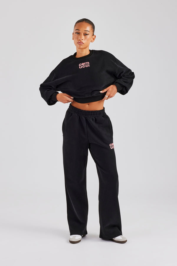 Glitter Applique Cropped Sweatshirt Tracksuit - Black