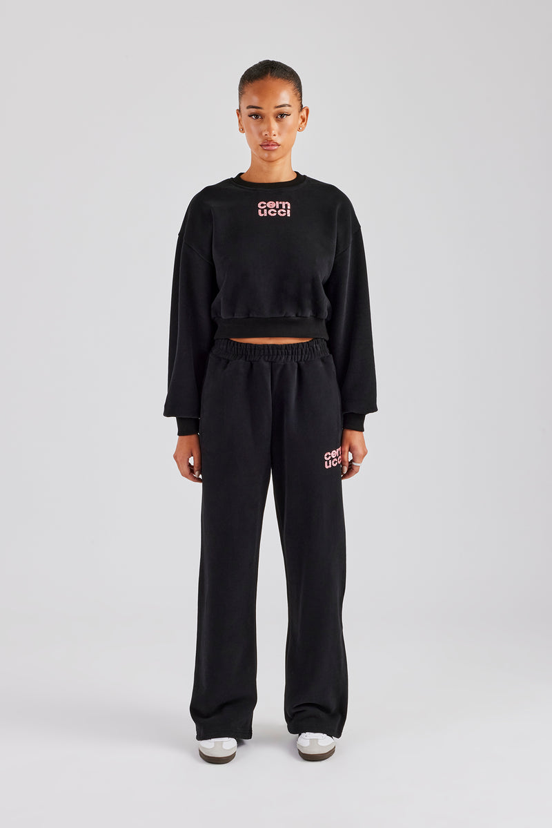 Glitter Applique Cropped Sweatshirt Tracksuit - Black