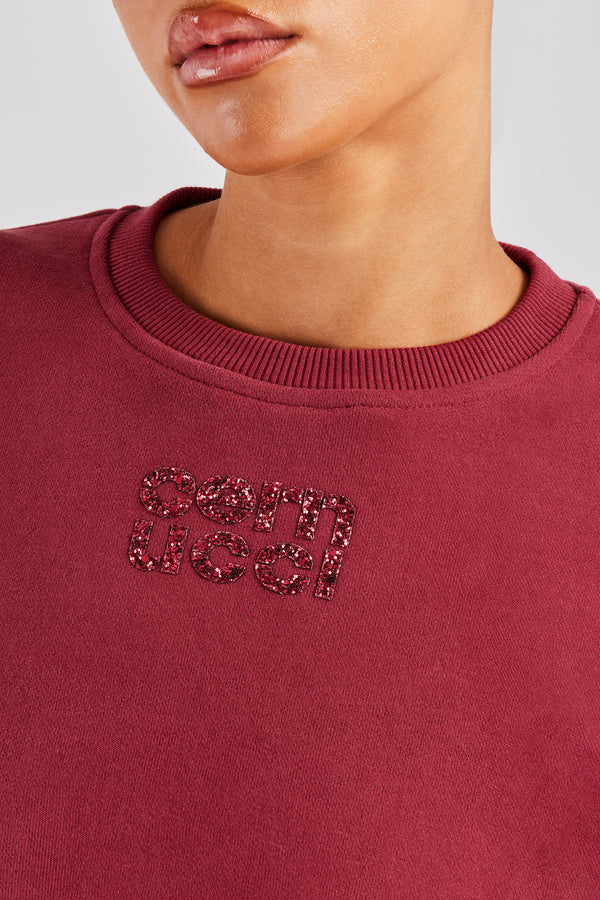 Glitter Applique Cropped Sweatshirt - Cherry Red