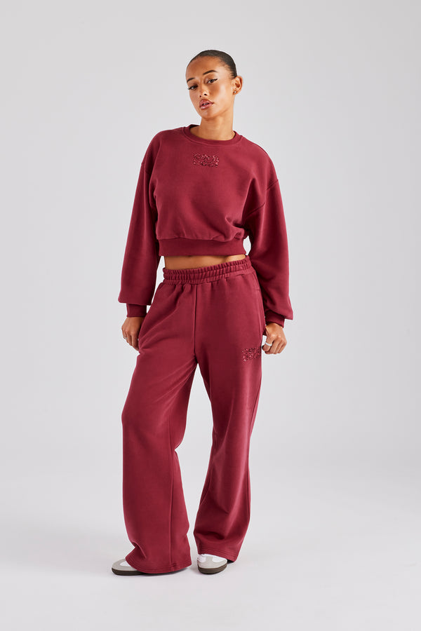 Glitter Applique Cropped Sweatshirt Tracksuit - Cherry Red