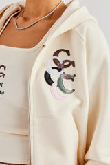 Cropped Washed Layered Applique Zip Hoodie - Off White