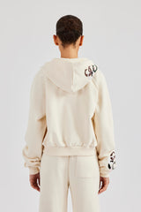 Cropped Washed Layered Applique Zip Hoodie - Off White