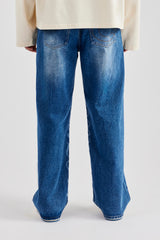 Baggy Fit Laser Print Jeans - Mid Blue