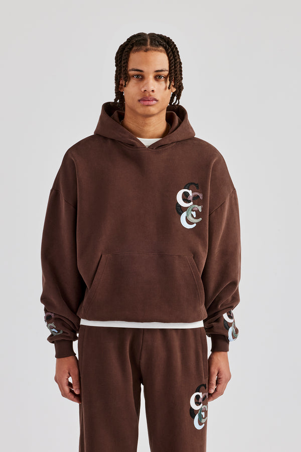 Washed Layered Applique Hoodie - Chocolate